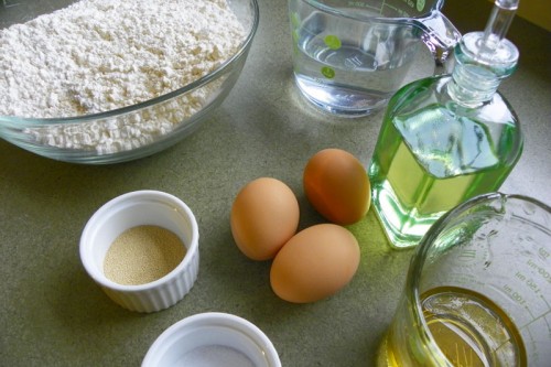 Ingredients - flour, eggs, oil, agave nectar, salt, yeast