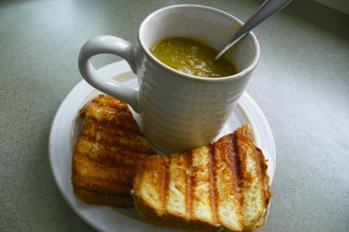 split pea soup and grilled cheese